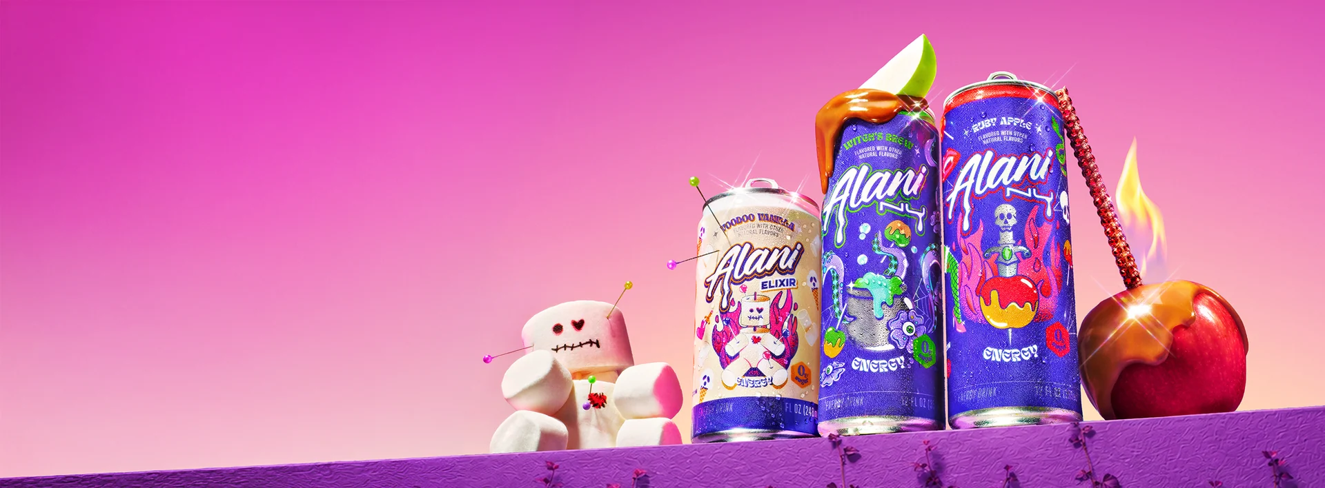Three colorful energy drink cans are displayed with an orange and peach, against a vibrant pink and orange gradient background.